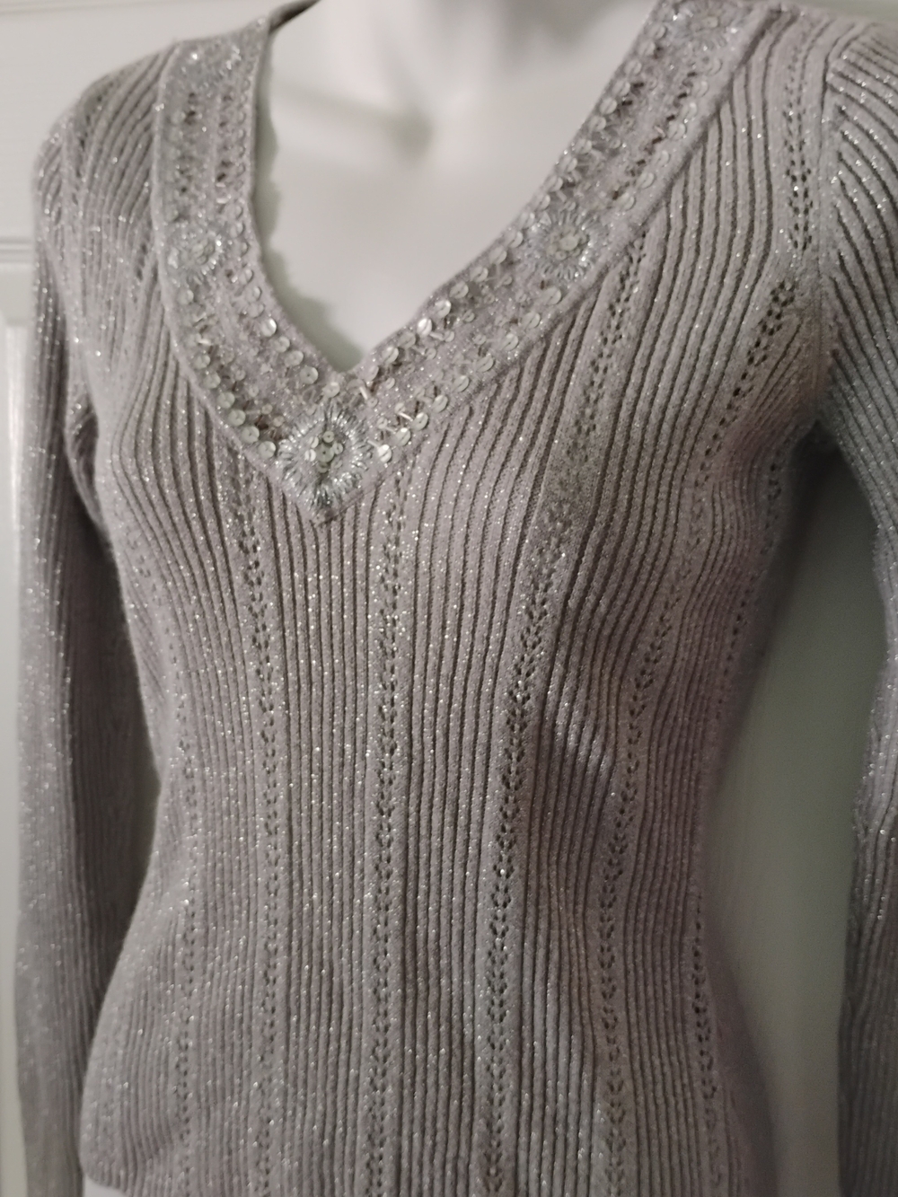 New York & Company Silver V-Neck Ribbed Sweater with Beaded Trim